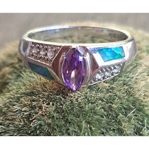 Sterling Blue Opal Marquise Cut Amethyst Solitaire .925 Ring